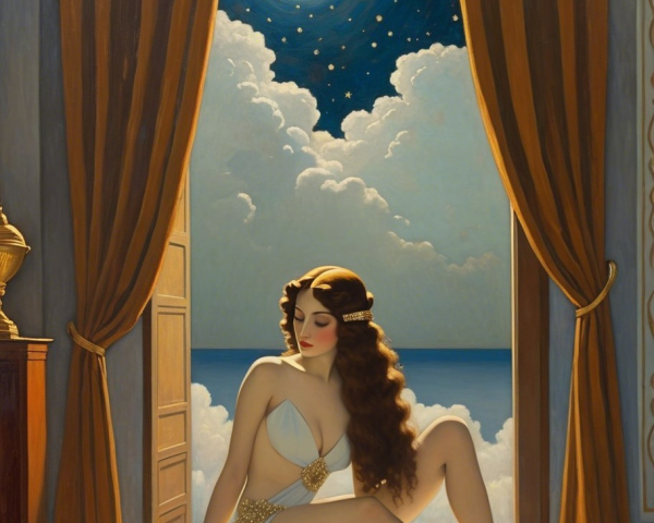 Serene Woman in Elegant White Outfit by Moonlit Window