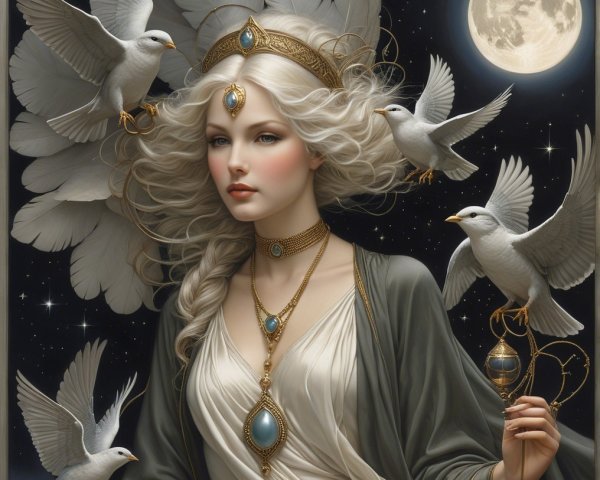 Ethereal Woman with Silver Hair Surrounded by Doves