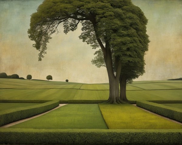Lush Tree in Serene Landscape with Gentle Hills