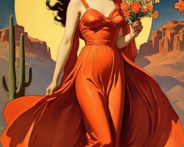 Vintage Scene of Woman in Red Dress in Desert Landscape