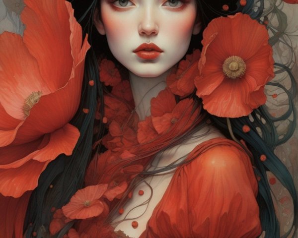 Portrait of Woman with Pale Skin and Dark Hair Surrounded by Red Poppies