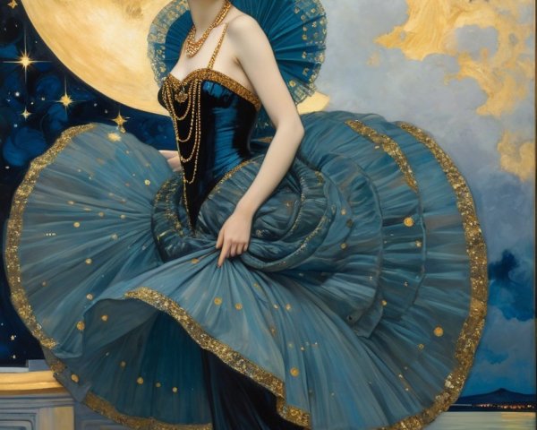 Glamorous Woman in Blue Gown with Night Sky Background