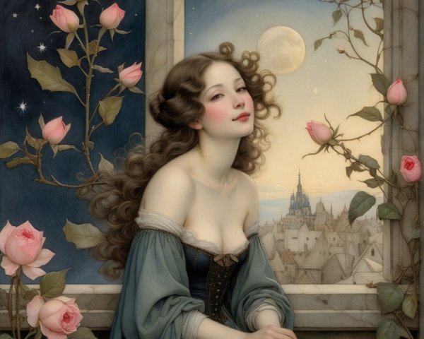 Young Woman at Window with Pink Roses and Moonlight