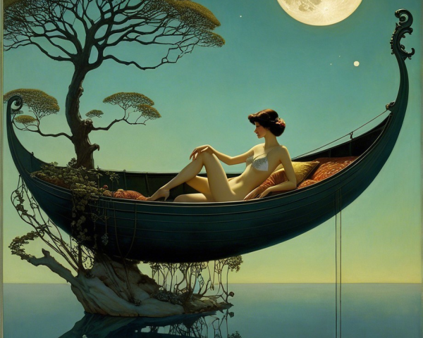 Serene Night Scene of a Woman in a Boat Under Moonlight