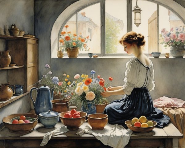 Young Woman Arranging Flowers in Sunlit Room