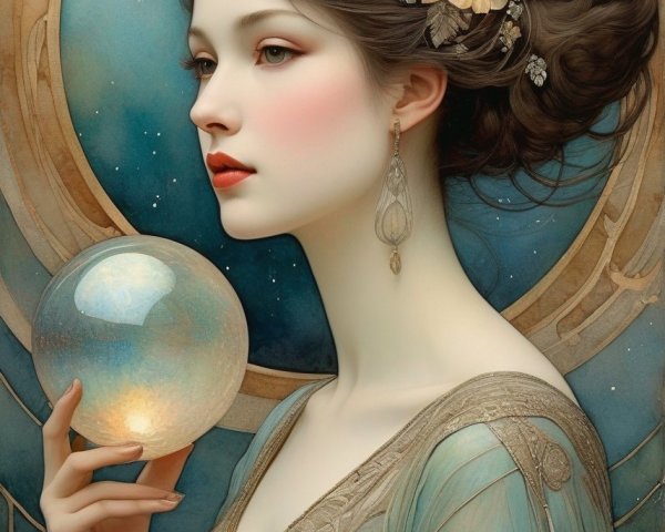 Illustrated woman with intricate hairpiece holding glowing orb in art nouveau style.