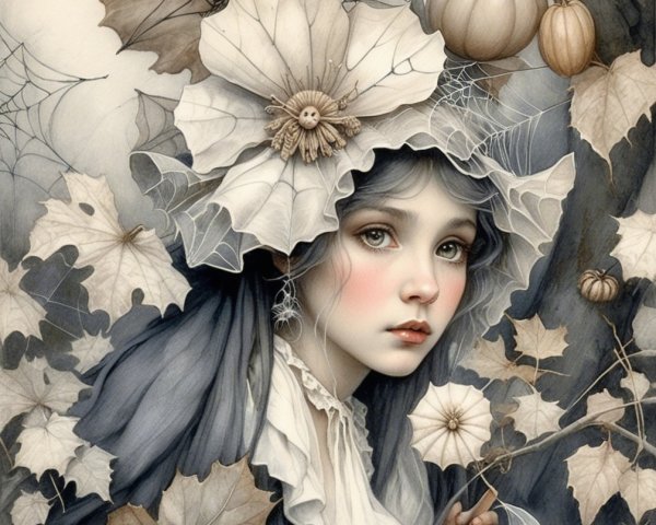 Young Woman in Hat Surrounded by Autumn Leaves