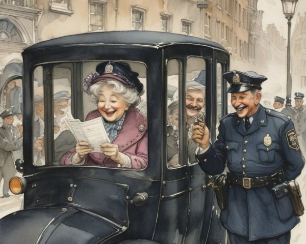 Elderly Woman in Vintage Car Reads Joyful Letter