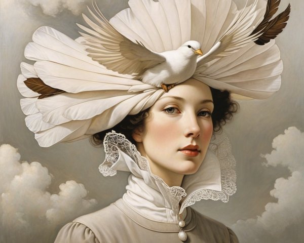 Serene Portrait of a Woman with Dove and Elegant Hat