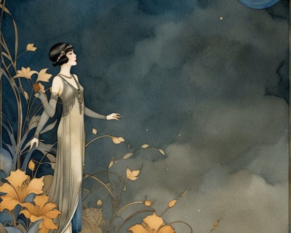 Art Deco Woman in Flowing Dress Surrounded by Flowers