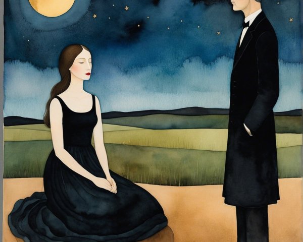 Woman in Black Dress and Man in Formal Attire Under Moonlight