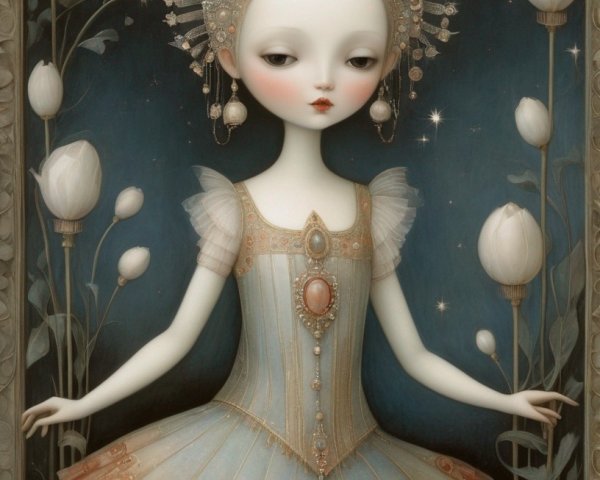 Pale ethereal female figure in ornate dress with large eyes and headdress among white flowers