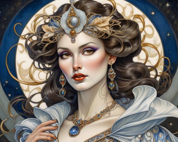Illustration of a woman in elaborate jewelry and robe