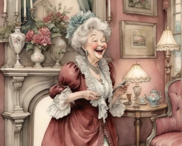 Elderly Woman in Vintage Gown in Elegant Room