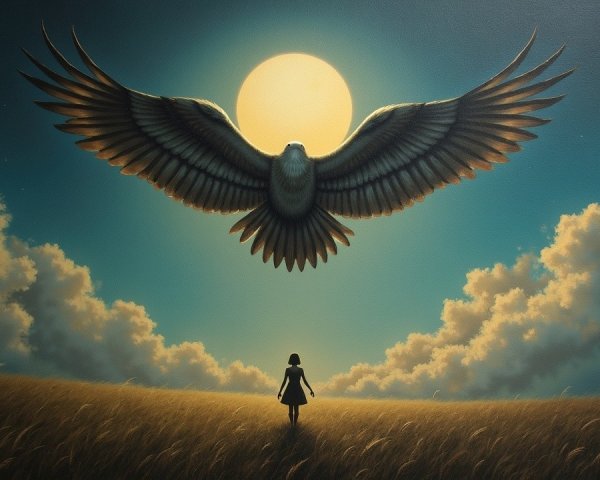 Surreal Landscape with Girl, Eagle, and Full Moon