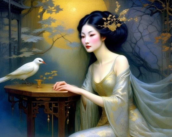 Serene illustration of a woman beside a white bird