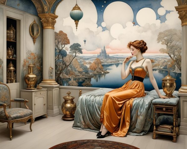 Luxurious Room with Woman in Orange Gown and Mural