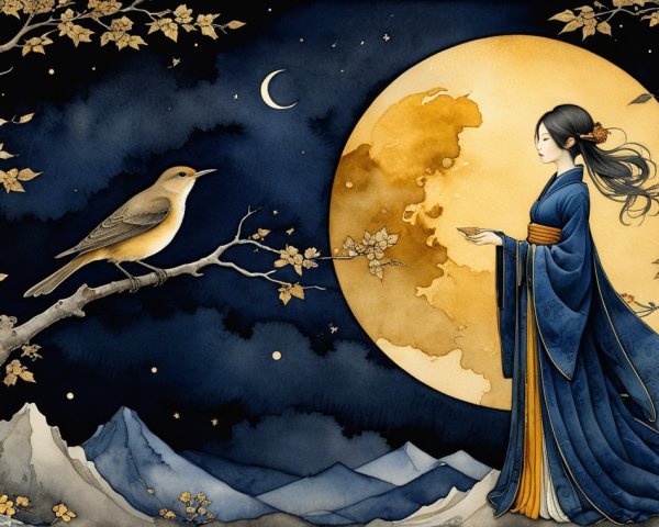 Woman in Blue Robe on Mountainside Under Full Moon