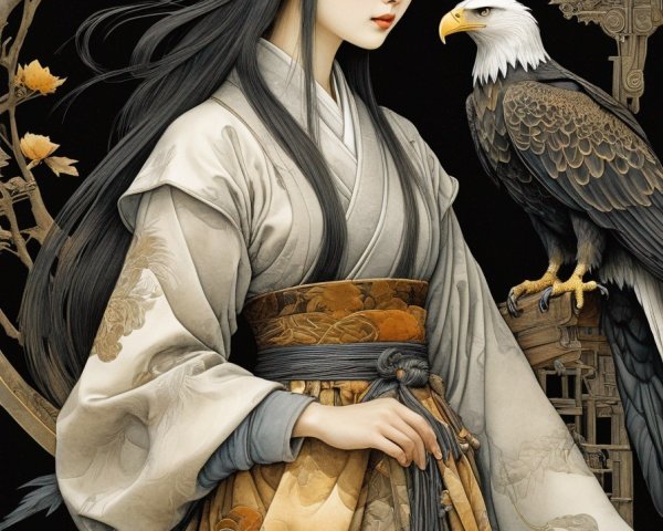 Elegant Woman in Traditional Attire with Eagle
