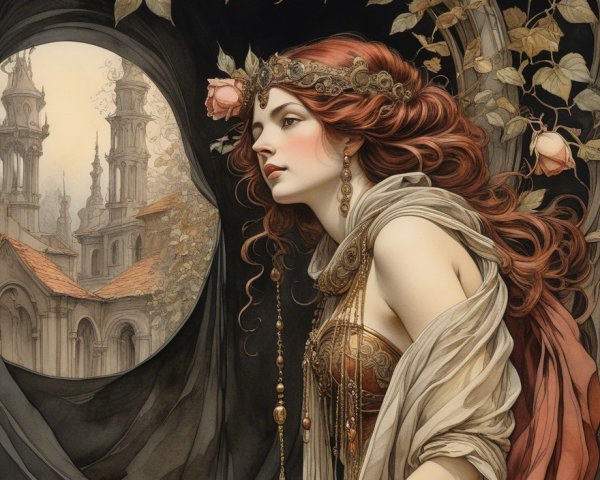 Serene Woman with Red Hair at Ornate Window