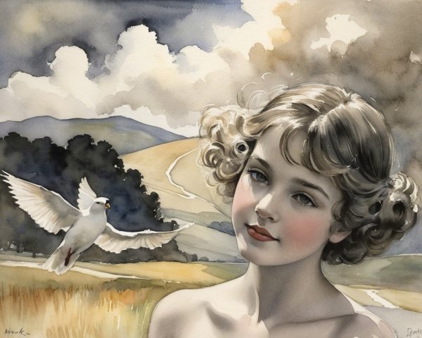 Watercolor Painting of Girl with Dove and Hills
