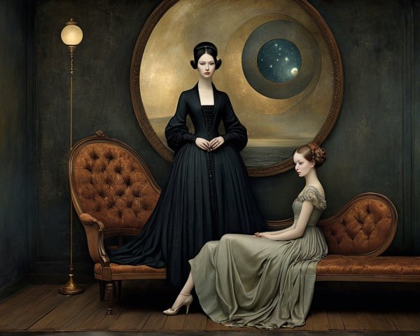 Elegantly Dressed Women in Celestial-Themed Room