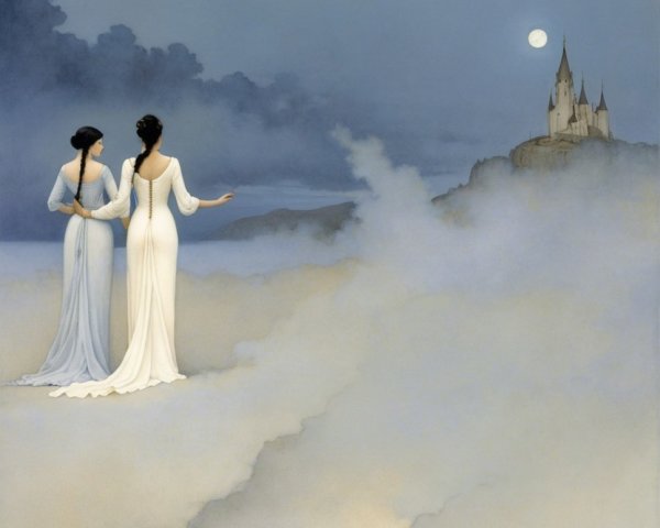 Ethereal Women in White Gowns Over Misty Landscape