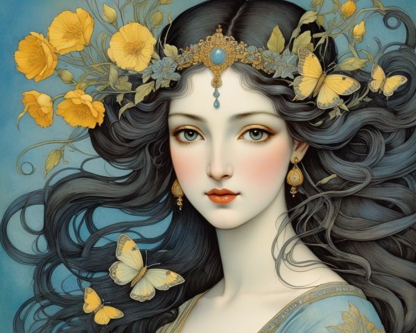 Illustrated Portrait of Woman with Dark Hair and Flowers