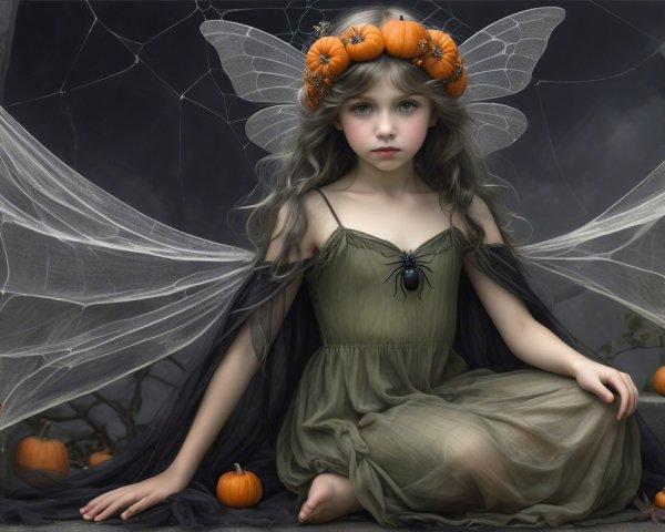Whimsical Fairy Among Pumpkins with Delicate Wings