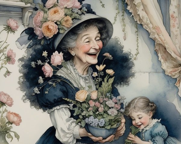 Elderly Woman and Young Girl Surrounded by Flowers
