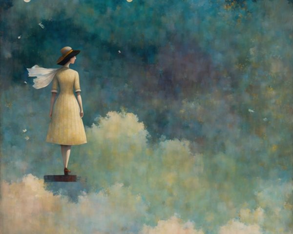 Whimsical Scene with Floating Platform and Two Moons