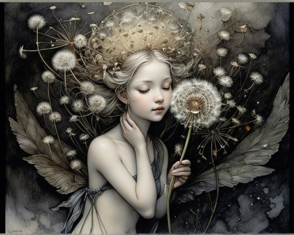 Ethereal Girl Holding Dandelion Puff in Floral Setting