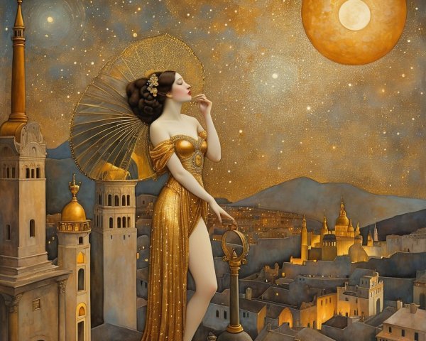 Woman in gold gown with parasol under night sky