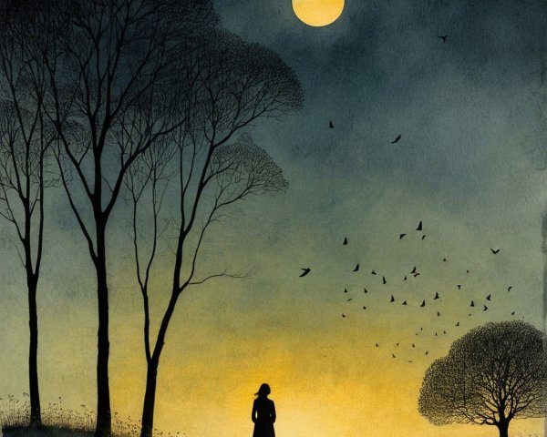 Silhouetted Figure in Serene Landscape at Sunset