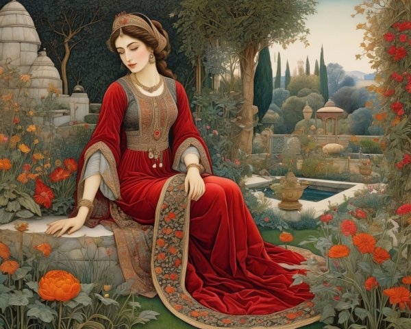 Woman in Traditional Attire in Serene Garden Setting
