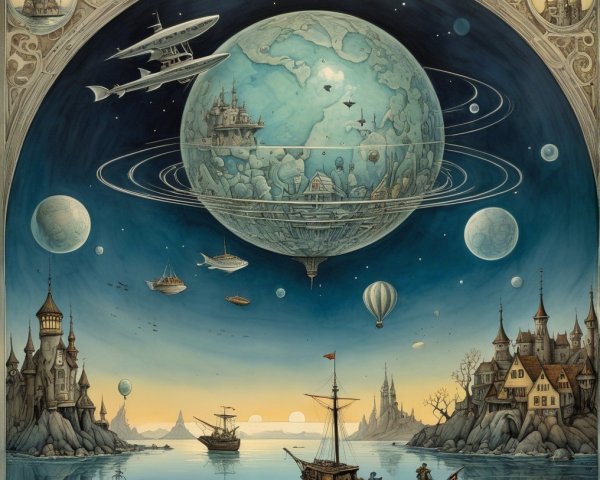 Surreal Landscape with Celestial Bodies and Castles