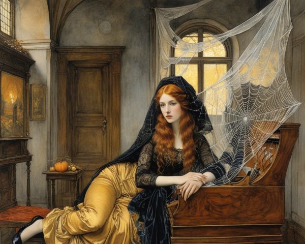 Woman at Grand Piano in Dimly Lit Room with Cobwebs