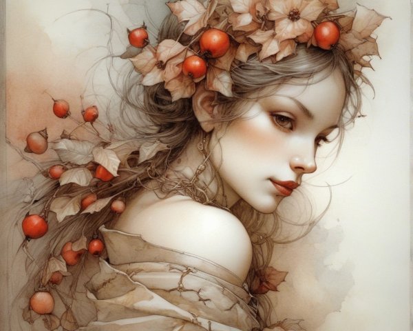 Ethereal Woman with Autumn Leaves and Gentle Colors