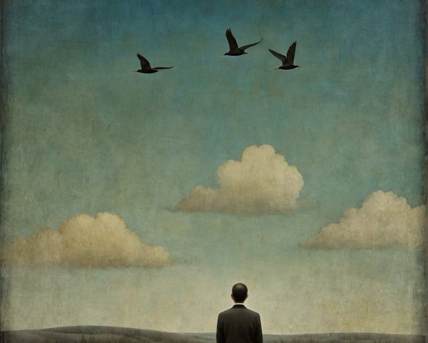 Solitary Man in Tranquil Landscape with Soft Clouds