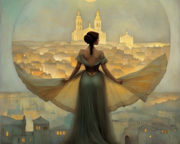 Woman in Gown Overlooking Moonlit Cityscape