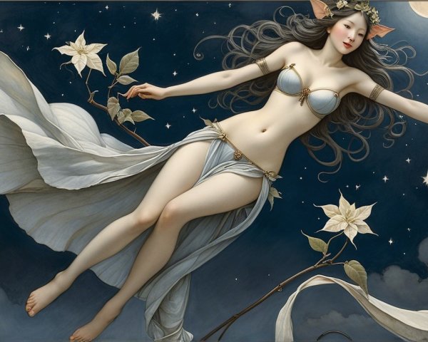 Ethereal figure in a starry night with moonlight