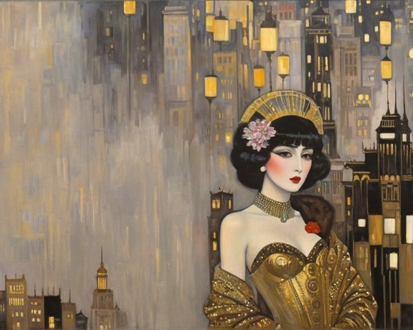 Glamorous Woman in Vintage Gold Dress with Cityscape