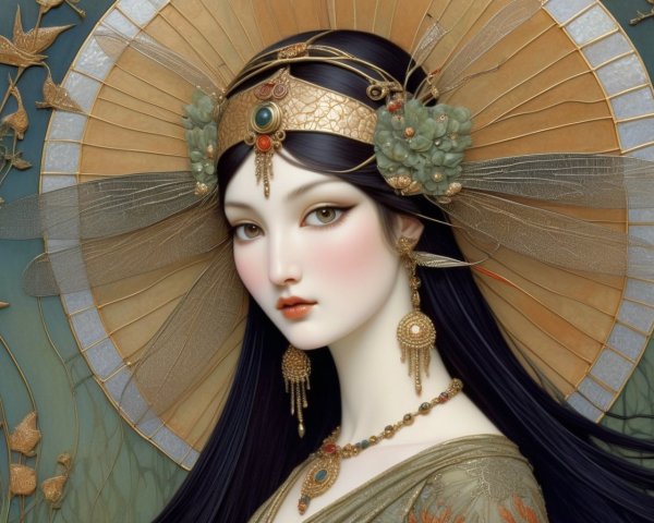 Ethereal Woman with Ornate Headdress and Golden Leaves