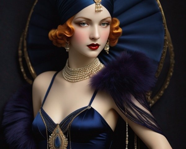 Stylized Portrait of Woman in Blue Turban and Dress
