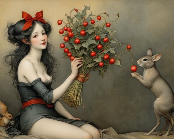 Whimsical Scene with Young Woman and Fantasy Creatures