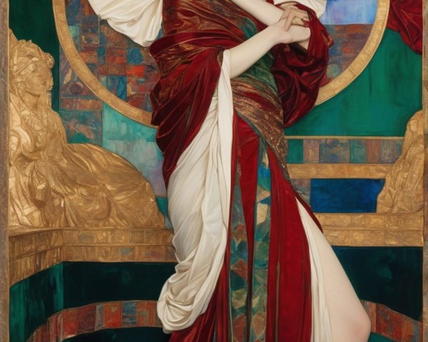 Regal figure in white and red dress with golden halo on decorative background