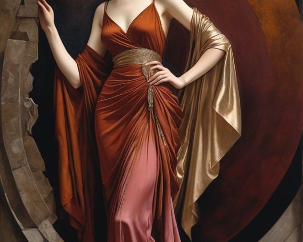 Woman in Rust-Colored Gown by Stone Structure