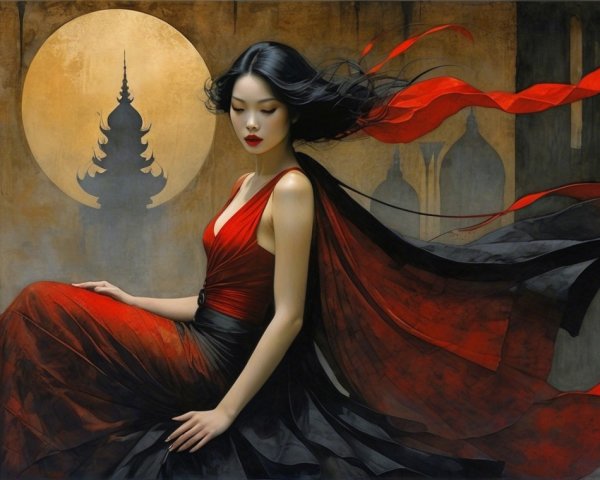 Woman in Red Gown Against Moonlit Spires
