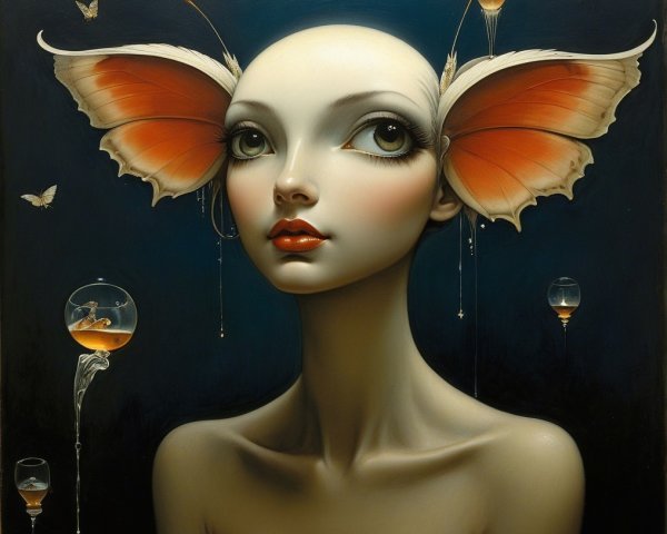 Surreal Female Figure with Butterfly Wings and Bubbles