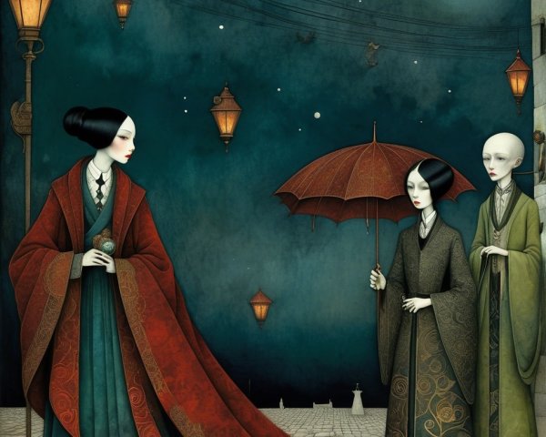 Dreamy Moonlit Scene with Traditional Attire Figures